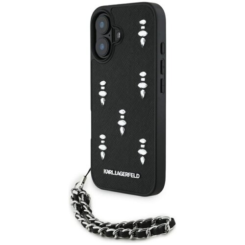 Czarne etui na telefon z ozdobnymi kryształkami ułożonymi w pionowe linie. Na dole etui widnieje biały napis "KARL LAGERFELD", a do etui dołączony jest czarno-srebrny pasek.