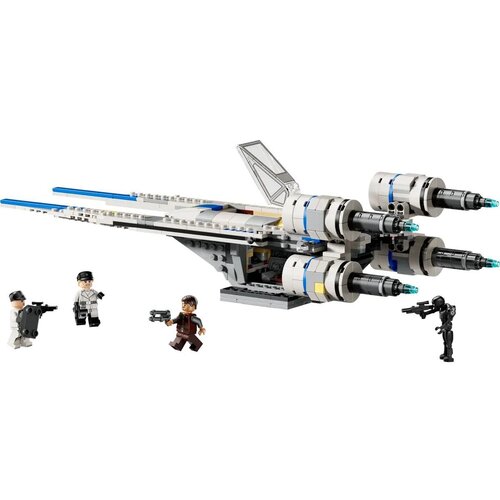 Pudełko zestawu LEGO 75399 Star Wars przedstawia myśliwiec U-Wing Rebelii na tle kosmosu z widocznymi czterema minifigurkami postaci. Na pudełku znajduje się tekst: "LEGO Star Wars 8+ 75399 Rebel U-Wing Starfighter 594 pcs/pzs".