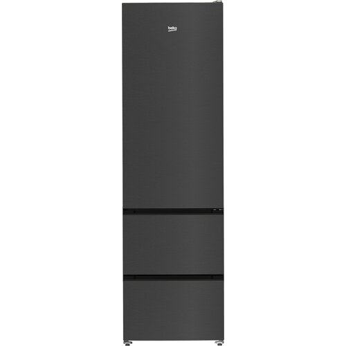 Ciemnoszara lodówka z trzema sekcjami, z widocznym logo "beko" na górnej części drzwi. Powierzchnia ma wykończenie w stylu inox, a konstrukcja jest smukła i nowoczesna.