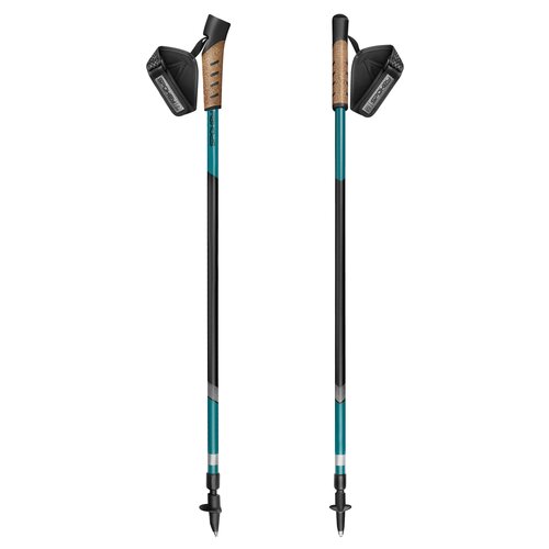 Czarno-niebieskie kijki do nordic walking z korkowymi uchwytami i regulowanymi paskami, na których widnieje logo "SPOKEY". Kijki mają ostre zakończenia i są oznaczone napisem "SPOKEY" na niebieskiej części.
