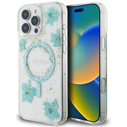 Etui GUESS Resin Flowers Glitter MagSafe do Apple iPhone 16 Pro Max Turkusowy