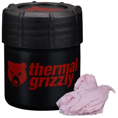 Czarny pojemnik z czerwonym logo i napisem "thermal grizzly" na przedniej stronie, obok którego znajduje się różowa pasta. Pojemnik ma teksturowaną zakrętkę.