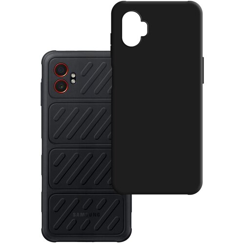 Czarne etui z matowym wykończeniem, przeznaczone do telefonu Samsung Galaxy XCover 7 Pro, jest pokazane obok telefonu z widocznymi dwoma aparatami i teksturą w skośne linie. Na telefonie widoczny jest napis "SAMSUNG".
