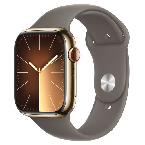 Apple Watch 9 GPS + Cellular 45mm koperta ze stali nierdzewnej (złoty) + pasek sportowy M/L (popielaty brąz)