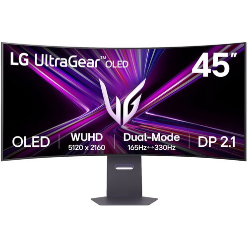 Zakrzywiony monitor z logo "LG UltraGear" i napisem "OLED" na górze, z wyświetlanymi specyfikacjami: "45", WUHD 5120 x 2160, Dual-Mode 165Hz↔330Hz, DP 2.1". Tło ekranu jest kolorowe, z dynamicznymi liniami w odcieniach fioletu i różu.