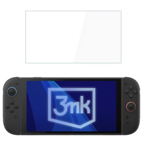 Na zdjęciu widoczne jest szkło hybrydowe 3MK FlexibleGlass przeznaczone do Nintendo Switch 2, umieszczone nad konsolą do gier. Na ekranie konsoli wyświetla się logo "3mk" na niebieskim tle.