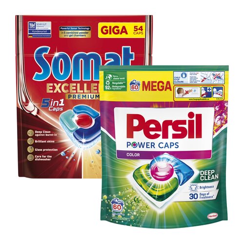 Tabletki do zmywarek SOMAT Excellence Premium 5w1 - 54 szt. + Kapsułki do prania PERSIL Power Caps Color - 60 szt.