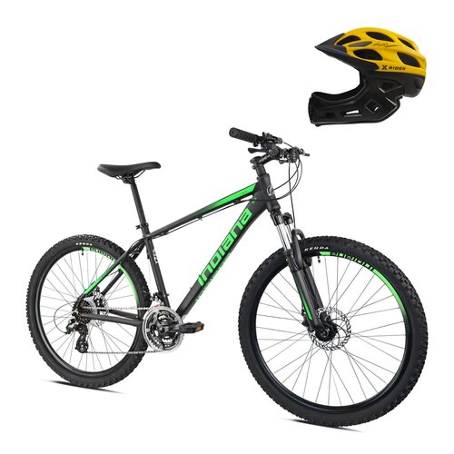 Rower górski MTB INDIANA X-Pulser 2.6 M17 26 cali męski Czarno-zielony + Kask rowerowy XRIDER XR00KFH01 Czarno-żółty MTB (rozmiar S)