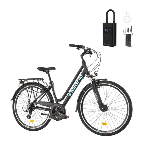Rower trekkingowy INDIANA X-Road 3.0 D17 28 cali damski Czarno-błękitny + Pompka rowerowa XRIDER z funkcją powerbank XR00AP01