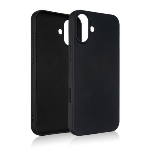 Czarne etui silikonowe do telefonu, widoczne z przodu i z tyłu, z wycięciami na aparat i przyciski. Produkt ma gładką powierzchnię i jest przeznaczony do modelu Apple iPhone 16 Plus.