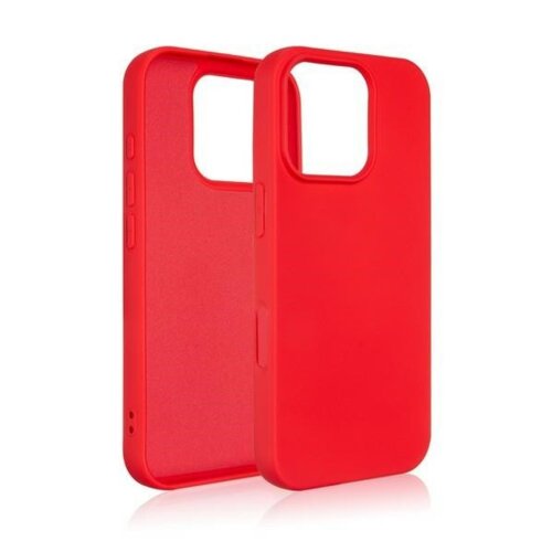 Czerwone etui silikonowe do telefonu, z dużym wycięciem na aparat i przyciskami po bokach. Produkt jest przeznaczony do modelu Apple iPhone 16 Pro Max.