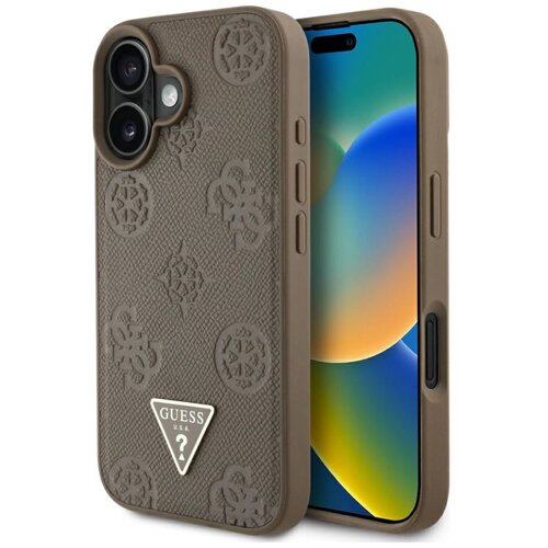 Etui GUESS Grained Hot Stamp Peony Triangle Logo MagSafe do Apple iPhone 16 Brązowy