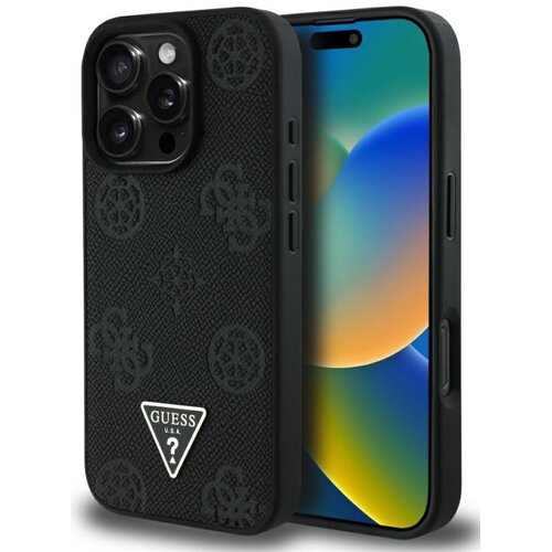 Czarne etui na telefon z teksturą i wytłoczonymi wzorami, posiada trójkątne logo z napisem "GUESS U.S.A." w dolnej części. Etui jest dopasowane do modelu telefonu z trzema obiektywami aparatu i wyświetlaczem z kolorowym tłem.