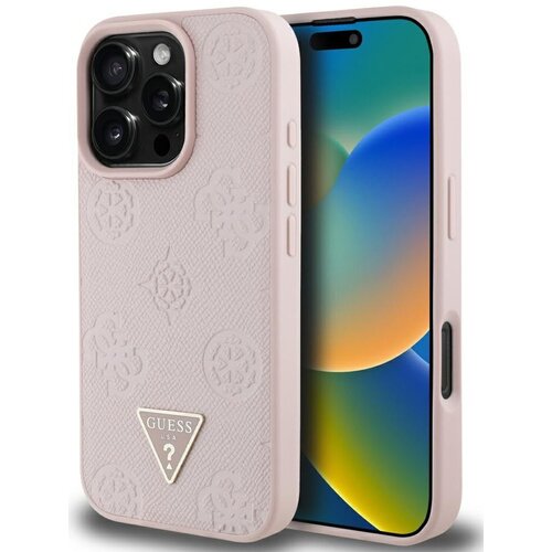Etui GUESS Grained Hot Stamp Peony Triangle Logo MagSafe do Apple iPhone 16 Pro Różowy