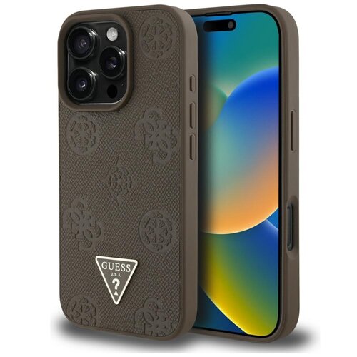 Etui GUESS Grained Hot Stamp Peony Triangle Logo MagSafe do Apple iPhone 16 Pro Brązowy