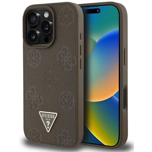 Etui GUESS Grained Hot Stamp Peony Triangle Logo MagSafe do Apple iPhone 16 Pro Max Brązowy