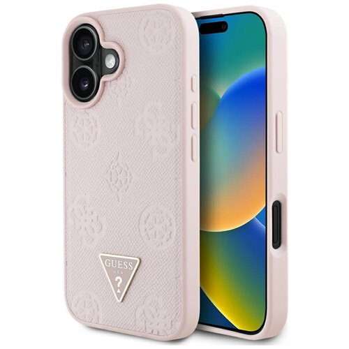 Etui GUESS Grained Hot Stamp Peony Triangle Logo MagSafe do Apple iPhone 16 Różowy