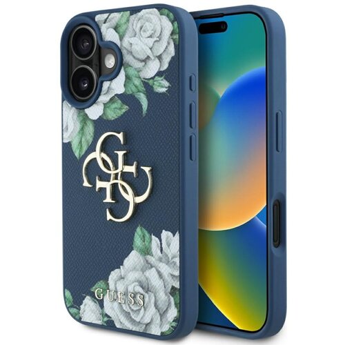 Etui GUESS Grained Roses Big 4G Logo do Apple iPhone 16 Niebieski