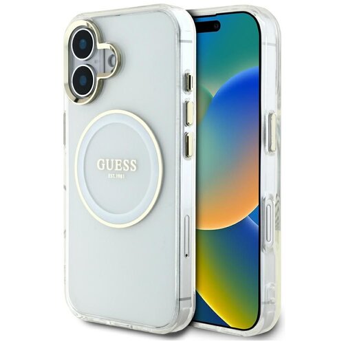Etui GUESS IML Metal Colored Circle Classic Logo MagSafe do Apple iPhone 16 Biały