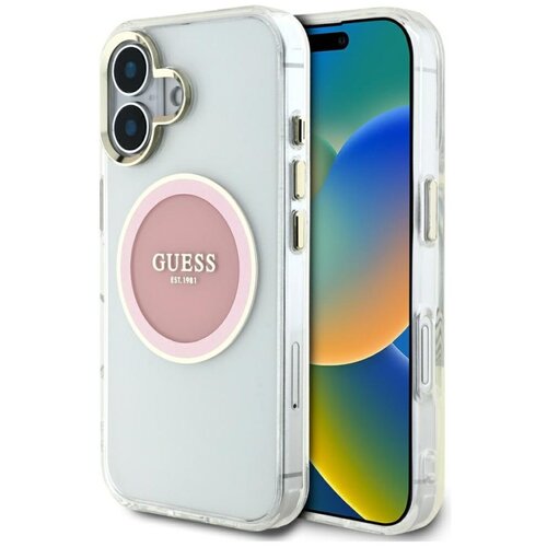 Etui GUESS IML Metal Colored Circle Classic Logo MagSafe do Apple iPhone 16 Różowy