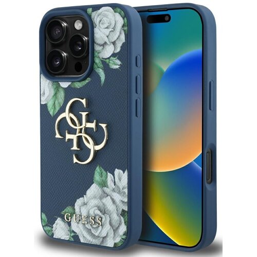 Etui GUESS Grained Roses Big 4G Logo do Apple iPhone 16 Pro Niebieski