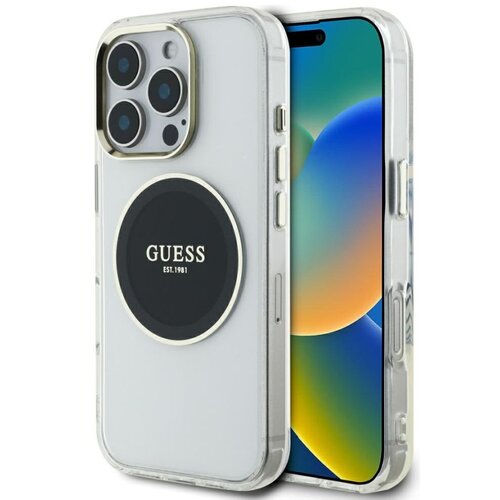 Etui GUESS IML Metal Colored Circle Classic Logo MagSafe do Apple iPhone 16 Pro Przezroczysto-czarny