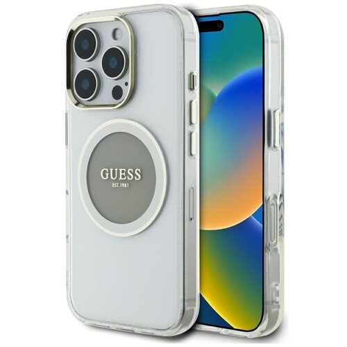 Etui GUESS IML Metal Colored Circle Classic Logo MagSafe do Apple iPhone 16 Pro Szary