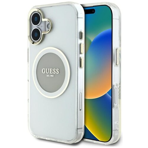 Etui GUESS IML Metal Colored Circle Classic Logo MagSafe do Apple iPhone 16 Szary
