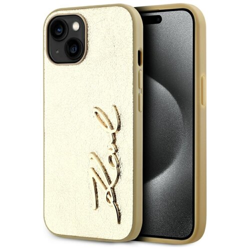 Etui KARL LAGERFELD Wrinkled Metal Signature do Apple iPhone 15 Złoty
