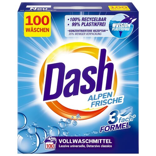 Opakowanie proszku do prania z napisem "Dash Alpen Frische" oraz informacjami: "100 WÄSCHEN", "100% RECYCELBAR", "99% PLASTIKFREI", "3 fach FORMEL". Widoczne są również grafiki bąbelków oraz logo z hashtagiem "#VISION PLASTICFREE".