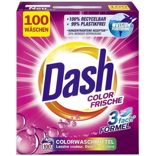 Opakowanie proszku do prania Dash Color Frische 6 kg z napisem "100 WÄSCHEN" oraz informacjami: "100% RECYCELBAR", "99% PLASTIKFREI", "KONZENTRIERTE REZEPTUR", "35% WENIGER VERPACKUNG", "3 fach FORMEL". Widoczne są także bąbelki oraz logo "#VISION PLASTICFREE".
