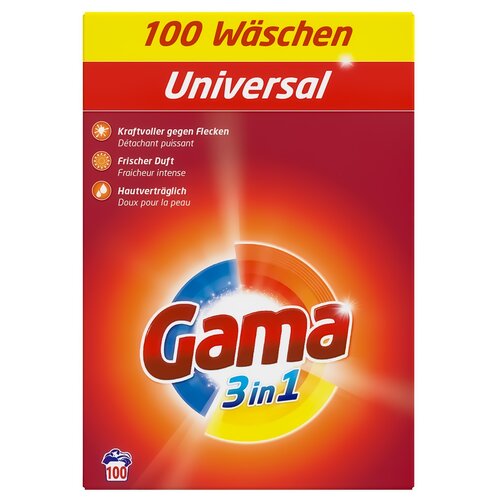 Opakowanie proszku do prania z napisem "100 Wäschen Universal" na górze oraz "Gama 3 in 1" na środku, otoczone kolorowymi grafikami. Po lewej stronie znajdują się cechy produktu: "Kraftvoller gegen Flecken", "Frischer Duft", "Hautverträglich".