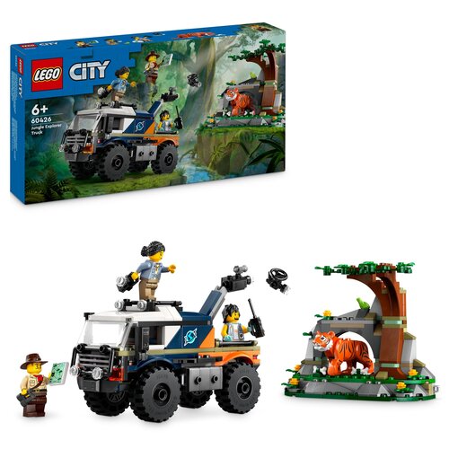 Na zdjęciu znajduje się zestaw klocków LEGO o nazwie "LEGO 60426 City Terenówka badacza dżungli", przedstawiający terenówkę z figurkami oraz fragment dżungli z tygrysem. Na opakowaniu widnieje logo LEGO oraz napis "City".