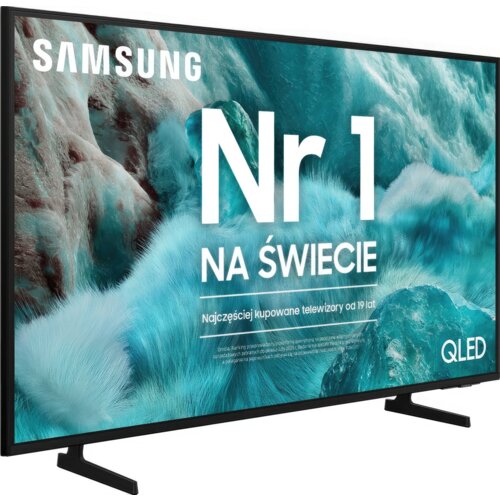 Telewizor z wyświetlaczem prezentującym obraz w odcieniach turkusu i bieli, z dużym napisem "Nr 1 NA ŚWIECIE" oraz mniejszym tekstem "Najczęściej kupowane telewizory od 19 lat". Widoczne logo "SAMSUNG" i oznaczenie "QLED".