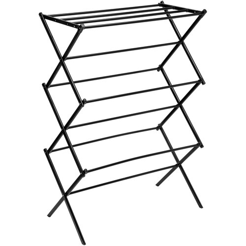 Czarna suszarka na pranie o konstrukcji składanej, z kilkoma poziomymi prętami do wieszania ubrań. Produkt ma prostą, geometryczną formę z krzyżującymi się elementami.