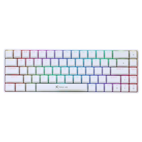 Biała klawiatura mechaniczna z podświetleniem RGB, posiadająca standardowy układ klawiszy QWERTY oraz logo "XTRIKE ME" na dolnej części. Klawisze są oznaczone czytelnymi literami i symbolami, a wokół nich widoczne jest kolorowe podświetlenie.