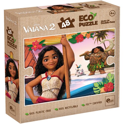 Opakowanie puzzli z motywem z filmu "Vaiana 2" przedstawia postacie z animacji na tle tropikalnej scenerii. Na pudełku widnieją napisy: "48", "ECO PUZZLE", "100% PLASTIC FREE", "100% RECYCLABLE", "FSC™ CERTIFIED", oraz logo "LISCIANI".