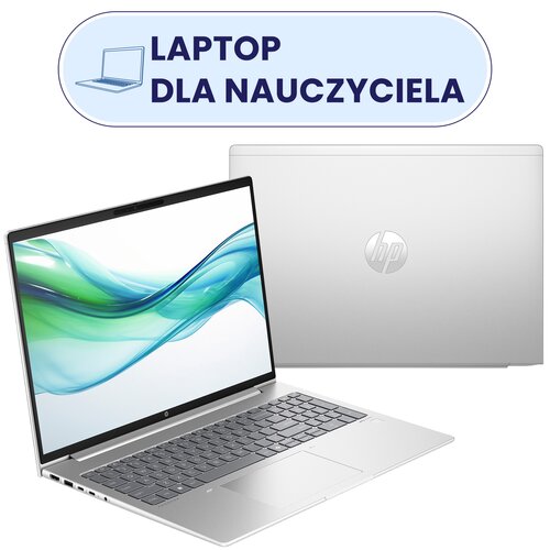 Na zdjęciu widoczny jest srebrny laptop z otwartym ekranem, na którym wyświetlany jest abstrakcyjny wzór w odcieniach zieleni i niebieskiego, oraz zamknięty laptop z logo "hp" na obudowie. Nad laptopami znajduje się napis "LAPTOP DLA NAUCZYCIELA" na jasny
