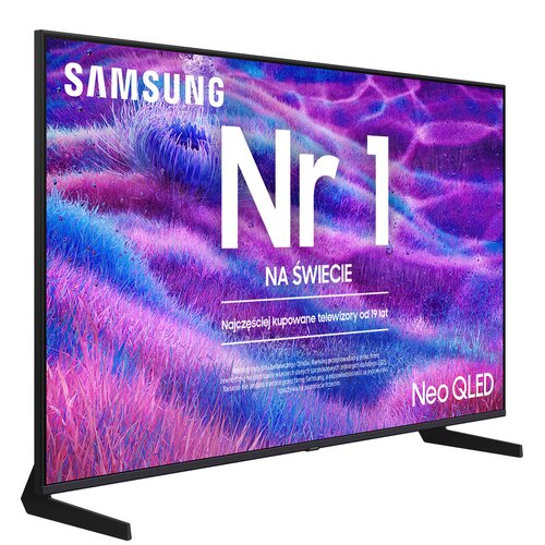Telewizor z wyświetlaczem pokazującym kolorowy, abstrakcyjny wzór w odcieniach fioletu i różu, z widocznym tekstem: "SAMSUNG Nr 1 NA ŚWIECIE Najczęściej kupowane telewizory od 19 lat Neo QLED".