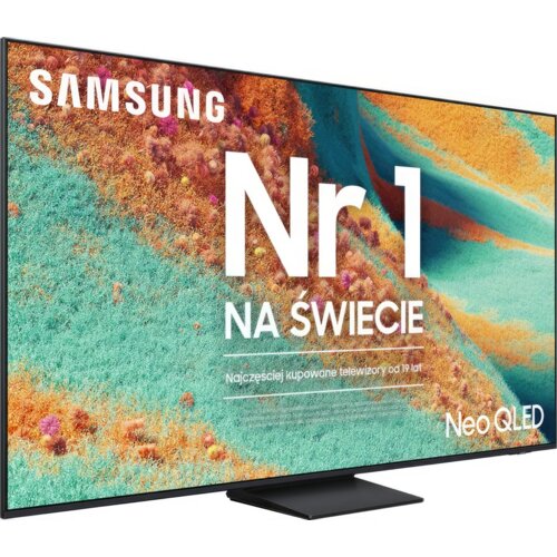 Telewizor z kolorowym, abstrakcyjnym tłem na ekranie, z widocznym tekstem: "SAMSUNG Nr 1 NA ŚWIECIE Najczęściej kupowane telewizory od 19 lat Neo QLED".