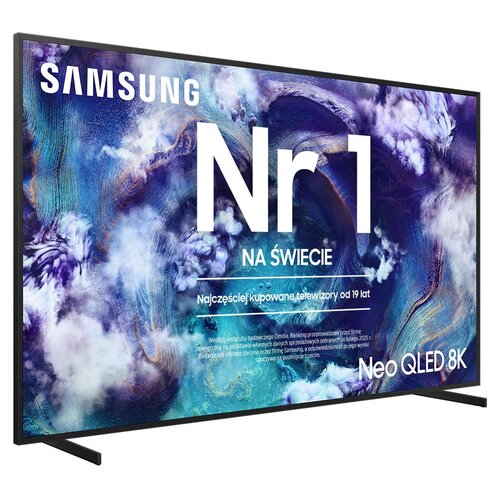 Telewizor z wyświetlaczem prezentującym kolorowy, abstrakcyjny wzór, z widocznym logo "SAMSUNG" oraz dużym napisem "Nr 1 NA ŚWIECIE". Dodatkowy tekst to: "Najczęściej kupowane telewizory od 19 lat" oraz "Neo QLED 8K".