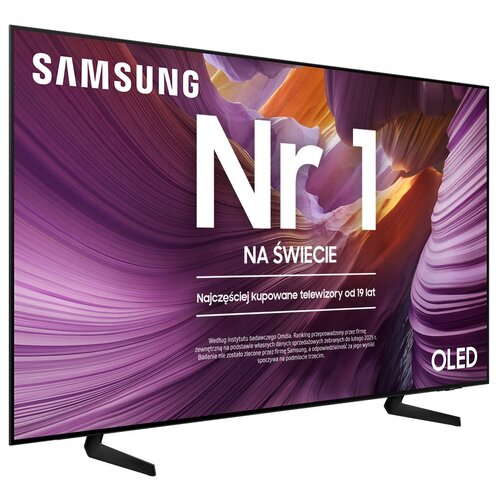 Telewizor z widocznym logo "SAMSUNG" oraz dużym napisem "Nr 1 NA ŚWIECIE" na tle abstrakcyjnej grafiki w odcieniach fioletu i pomarańczu. Dodatkowy tekst: "Najczęściej kupowane telewizory od 19 lat" oraz informacja o badaniu instytutu Omida.