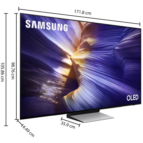 Telewizor z logo "SAMSUNG" i napisem "OLED" na ekranie, wyświetlający abstrakcyjny obraz w odcieniach fioletu i złota. Wymiary telewizora to 171,8 cm szerokości, 98,76 cm wysokości, 105,86 cm całkowitej wysokości z podstawą, 44,49 cm głębokości z podstawą