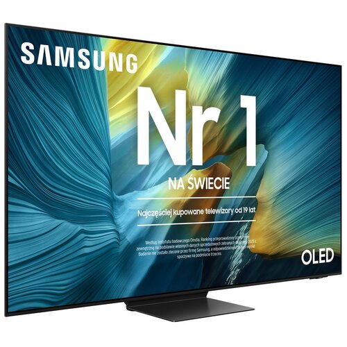 Telewizor z widocznym logo "SAMSUNG" i napisem "Nr 1 NA ŚWIECIE" na ekranie, z kolorowym, abstrakcyjnym tłem. Dodatkowy tekst: "Najczęściej kupowane telewizory od 19 lat" oraz informacja o badaniu przeprowadzonym przez instytut badawczy Omdia.