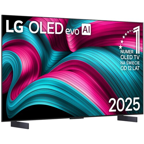 Telewizor z wyświetlaczem prezentującym abstrakcyjne wzory w kolorach różowym i niebieskim. Na ekranie widoczny jest tekst: "LG OLED evo AI", "Numer 1 OLED TV na świecie od 12 lat", oraz "2025".