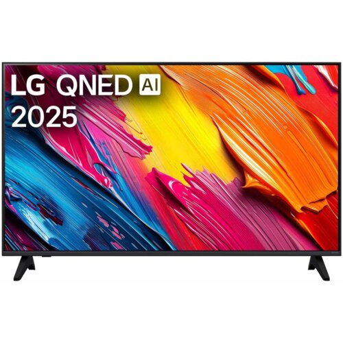 Telewizor z kolorowym, abstrakcyjnym wzorem na ekranie, z widocznym napisem "LG QNED AI 2025". Obudowa telewizora jest czarna, a ekran wsparty jest na dwóch nóżkach.