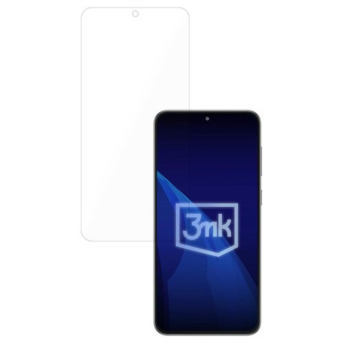 Na zdjęciu widoczny jest telefon z ciemnym ekranem, na którym znajduje się logo "3mk", oraz przezroczyste szkło ochronne dopasowane do jego kształtu. Produkt to "Szkło hybrydowe 3MK FlexibleGlass do Samsung Galaxy M56".