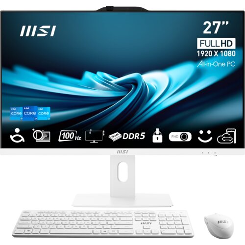 Na zdjęciu widoczny jest komputer typu All-in-One marki MSI z ekranem 27" o rozdzielczości Full HD 1920 x 1080, z białą klawiaturą i myszką. Na ekranie wyświetlane są informacje: "intel Core i7", "100 Hz", "DDR5", "FHD", oraz logo MSI.