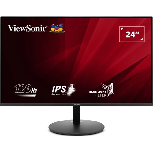 Monitor z czarną ramką i okrągłą podstawą, na ekranie widoczne logo "ViewSonic" oraz kolorowe ptaki, a także napisy: "120Hz", "IPS SuperClear", "Blue Light Filter" i "24"". Tło ekranu jest czerwone z geometrycznymi wzorami.