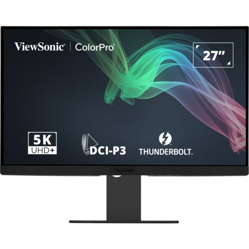 Monitor z czarną ramką wyświetla kolorową grafikę z tekstem: "ViewSonic | ColorPro", "27”", "5K UHD+", "DCI-P3", "THUNDERBOLT".